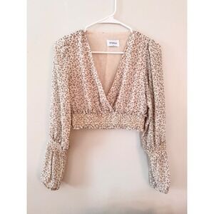 Storia Women Floral V-Neck Smocked Crop Top Blouse Cream Pink ST2023 Size S